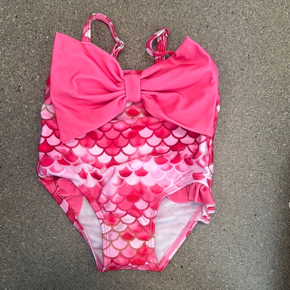 Pink One Piece Swimsuit with Bow and Scale Design